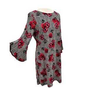Tommy Hilfiger Houndstooth Floral Dress Bell Sleeve Size 12 Euc